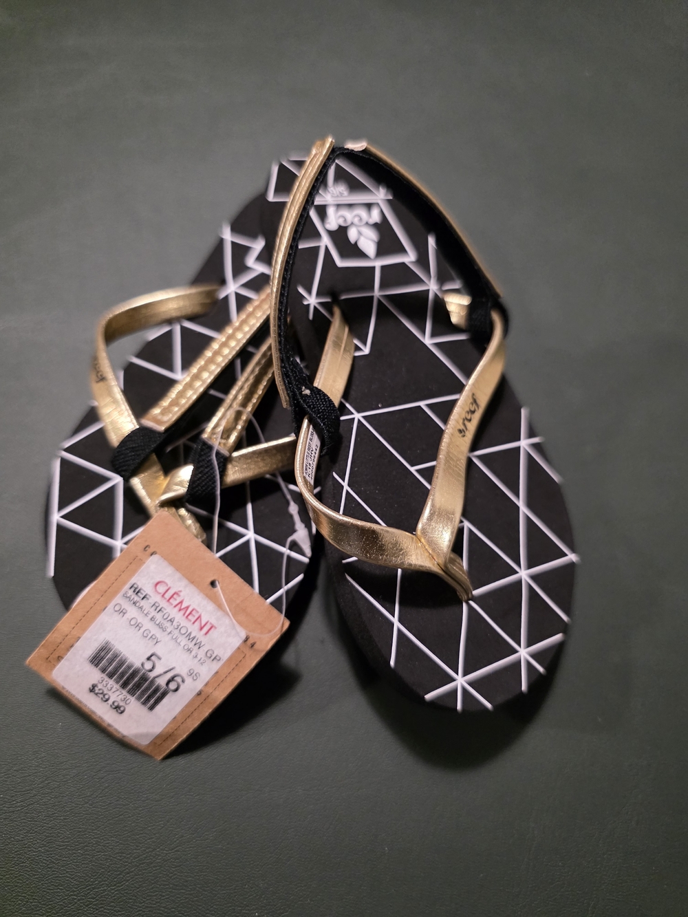 Reef Women's Gold Strap Sandals with Black Geometric Footbed